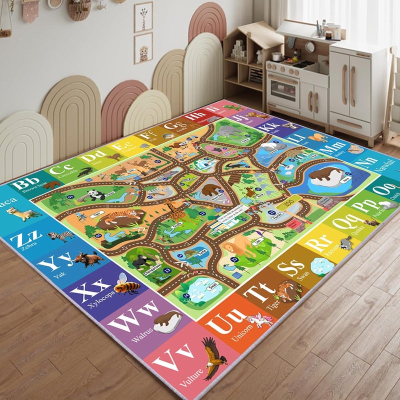 MOFAZEE Zoo map Carpet, 5'3 "x 7'10" English Letter Carpet, Washable ABC Rug for Kids Room, Non-Slip Alphabet Play Mat with Animal Illustrations, for Classrooms/Home Learning Areas - Image 1